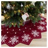 Starry Dynamo 60-Inch Reversible Knit Tree Skirt with Christmas Star Inspired Pointed Edge Border and Lace-Up Closures, Machine Washable Thick Acrylic Yarn, Burgundy & White