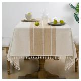 Softalker Linen Tablecloth Rectangle, Outdoor Waterproof Burlap Cotton Farmhouse Table Cloths with Tassel, Heavy Weight Wrinkle Free Table Cover for Spring Easter Picnic - 55 x 70 Inch, Coffee Lines