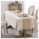 Softalker Linen Tablecloth Rectangle, Outdoor Waterproof Burlap Cotton Farmhouse Table Cloths with Tassel, Heavy Weight Wrinkle Free Table Cover for Spring Easter Picnic - 55 x 70 Inch, Coffee Lines