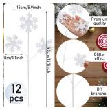Threehoney 12 Pcs Snowflakes Christmas Tree Picks and Sprays 15.7 White Plastic Glitter Stems Snowflakes Christmas Tree Fillers Branches Xmas White Sticks for Wonderland Vases Winter Decoration