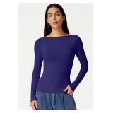 QINSEN Long Sleeve Shirts for Women Boat Neck Cowl Back Double Lined Going Out Tops Casual Fall Clothes (Estate Blue,S)