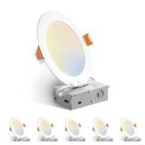 Amico 6 Pack 6 Inch 5CCT Ultra-Thin LED Recessed Ceiling Light with Junction Box, 2700K/3000K/3500K/4000K/5000K Selectable, 12W Eqv 110W 1050LM Brightness Dimmable Canless Wafer Downlight, ETL & FCC