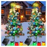 Kordain Solar Mini Christmas Tree Light Outdoor Decoration, 30 Inch Solar Tree Lights with 30 LED 8 Flashing Modes Decorated Prelit Gift Boxes & Ornaments for Pathway Patio Yard Garden Cemetery, 2PCS