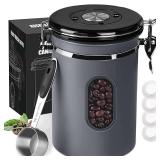 1800ML Airtight Coffee Canister with Date Tracker&Transparent Window, 22.8OZ Coffee Container with 30ML Measure Spoon&4 co2 Valve, Coffee Bean Storage Container for Grounds Coffee, Beans, Tea(Gray)