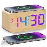 URAYCO Wooden Digital Alarm Clock with Fast Wireless Charger, Dual USB Charging Ports, DST, Dimmable, Snooze, RGB Large Number Display LED Clock for Bedrooms, Living Room, Desk, Table, Bedside(Bamboo)