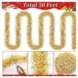50Ft Christmas Gold and Silver Tinsel Garland Metallic Twist Shiny Garland for Xmas Christmas Tree Ceiling Hanging Decorations Holiday Wedding Home Party Supplies Indoor Outdoor Decor
