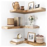 fuqing Floating Corner Shelves, Wall Shelf Set of 3, Shelves for Wall Storage, Solid Wood Shelves for Storage, Wall Mount Wooden Display Shelf for Bathroom Bedroom Kitchen Garage, Carbonized Black