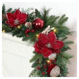 SHareconn 8.9FT Prelit Christmas Garland with Multi-Color LED Lights, Battery-Operated Timer, Includes Flower Ball Poinsettia for Mantle Fireplace Indoor Outdoor Xmas Decor, Red Champagne Gold, 8.9 FT