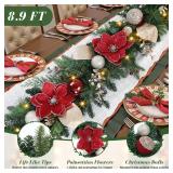 SHareconn 8.9FT Prelit Christmas Garland with Multi-Color LED Lights, Battery-Operated Timer, Includes Flower Ball Poinsettia for Mantle Fireplace Indoor Outdoor Xmas Decor, Red Champagne Gold, 8.9 FT