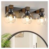 Farmhouse Bathroom Vanity Light Fixtures, 3-Light Wood Bathroom Light Fixtures Over Mirror, Rustic Sconces Wall Lighting with Glass Shade for Living Room, Bedroom, Hallway