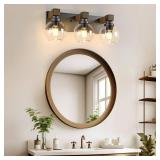 Farmhouse Bathroom Vanity Light Fixtures, 3-Light Wood Bathroom Light Fixtures Over Mirror, Rustic Sconces Wall Lighting with Glass Shade for Living Room, Bedroom, Hallway