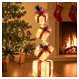 FormiPow Stackable Lighted Gift Boxes Set of 4, Battery-Powered Lighted Christmas Boxes with Warm LED & Timer, Metal Frame Gift Box for Indoor/Outdoor Mantel, Tabletop & Staircase