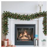 9 FT Christmas Garland with Lights, Battery Operated Green Garland Tree with Pine Cones Red Berries & 50 Lights, Realistic Artificial Decoration for Mantle Stairs Railing Fireplace Outdoor
