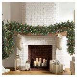 9 FT Christmas Garland with Lights, Battery Operated Green Garland Tree with Pine Cones Red Berries & 50 Lights, Realistic Artificial Decoration for Mantle Stairs Railing Fireplace Outdoor