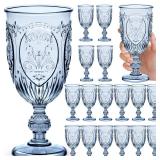 Wiwiqing 18 Pack Plastic Goblets 10oz Upgrade Vintage Water Goblet Plastic Wine Glasses Colored Retro Embossed Glassware for Party Wine Bar Juice Baby Shower Wedding Reception Grand (Blue)