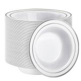 Goodluck 100 Pack Plastic Bowls with Silver Rim, 12oz Disposable Soup Bowls, Heavy Duty Dessert Bowls for Weddings, Parties, Dinners, Catering, and Everyday Use