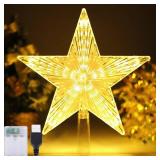 Christmas Tree Topper Star Warm White Light,Star Tree Topper for Christmas Tree Decoration Xmas Tree Topper with 30 LED Lights Battery and USB Powered 8.7 Inch