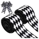 2 Rolls Christmas Checkered Ribbon Black and White Check Ribbon Diamond Check Wired Edge Ribbon Diamond Pattern Decorative Ribbons for Christmas Fall Tree Wrapping DIY Crafts (1.9 Inch)