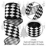 2 Rolls Christmas Checkered Ribbon Black and White Check Ribbon Diamond Check Wired Edge Ribbon Diamond Pattern Decorative Ribbons for Christmas Fall Tree Wrapping DIY Crafts (1.9 Inch)
