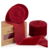 Keypan Red Velvet Ribbon for Christmas Tree - 1 1/2 inch Wide Handmade Fringe Fabric Ribbons for Gift Wrapping, Baby Shower, Flower Bouquet