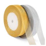 Christmas Ribbons, DECYOOL 2 Rolls 100 Yards Christmas Organza Ribbons 0.8 Inches Wide Holiday Festival Ribbon for Gift Wrapping Christmas Decoration, Gold & Silver