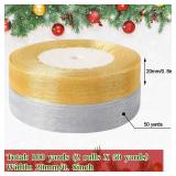 Christmas Ribbons, DECYOOL 2 Rolls 100 Yards Christmas Organza Ribbons 0.8 Inches Wide Holiday Festival Ribbon for Gift Wrapping Christmas Decoration, Gold & Silver