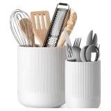 LE TAUCI Utensil Holder, 7.3+5.4 Ceramic Kitchen Utensil Holder for Countertop, Large Cooking Utensil Crocks for Kitchen Counter Decor, Morden Utensil Organizer for Spatula, Set of 2, White