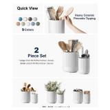 LE TAUCI Utensil Holder, 7.3+5.4 Ceramic Kitchen Utensil Holder for Countertop, Large Cooking Utensil Crocks for Kitchen Counter Decor, Morden Utensil Organizer for Spatula, Set of 2, White