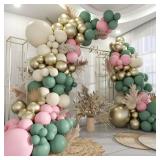 MOXMAY Sage Green Pink White Gold Balloons Garland Arch Kit, 160Pcs Olive Green Blush Pink White Sand Metallic Gold Balloons for Baby Shower Wedding Birthday Jungle Safari Woodland Party Decorations