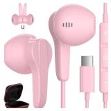 USB C Headphones for iPhone 17 Air 16 15 Pro Max Plus iPad, Type C Earphones with Mic HiFi Stereo Magnetic USBC Wired Earbuds for Samsung Galaxy S25 S24 Ultra A35 S23 Fe S22+ Flip Pixel 10 9 8, Pink