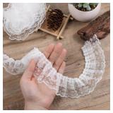 White Lace Ribbon, 2-Layer Pleated Edge White Lace Ruffle Trim for Crafts Sewing DIY, 1.8 x 5.5yd