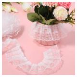White Lace Ribbon, 2-Layer Pleated Edge White Lace Ruffle Trim for Crafts Sewing DIY, 1.8 x 5.5yd