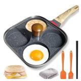 Ywmoml 4 Cup Nonstick Egg Pan Set with Lid Aluminum Omelet Skillet for Breakfast, Includes Silicone Scraper, Oil Brush, Chopsticks & Cleaning Cloth Compatible with Gas & Induction Cooktops NO 