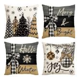 AVOIN colorlife Merry Christmas Joy Xmas Trees Brown Throw Pillow Covers, 18 x 18 Inch Christmas Winter Holiday Cushion Case Decoration for Sofa Couch Set of 4