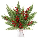 Sggvecsy Artificial Pine Branches Fake Greenery Pine Picks Artificial Red Berry Stems Christmas Pine Needles for DIY Christmas Garland Wreath Xmas Embellishing Flower Arrangements Decoration