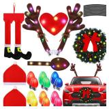 Datanly 34 Pcs Christmas Reindeer Antlers Car Kit Including Christmas Garland with Light String Antlers Nose Tail with LED Light Hanging Santa Legs Magnetic Decals Headrest Cover for Car Truck