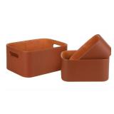 HofferRuffer Faux Leather Storage Baskets Bins with Velvet Lining for Organizing, Storage, Gifts, Set of 3 Nesting Shelf Baskets Decorative Storage Boxes for Home Organization (Brown)