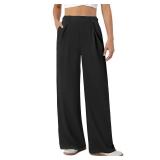 COPYLEAF Womens Dress Pants Wide Leg Stretchy Work Pants with Pockets Elastic Waist Pleated Front Business Casual Slacks Black Medium