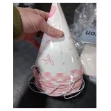 Pink Bow Party Hats Bows Birthday Supplies Coquette Bow Cone Hat Pink and White Happy Birthday Paper Hats with Elastic String for Kids Girls Adults Bday Baby Shower Decoration Favors 5.5 x 3.3