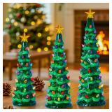 Brightown Lighted Ceramic Christmas Tree Set of 3, Pre-Lit Hand-Painted Tabletop Christmas Tree with Multicolored LED Lights, Battery Operated Vintage Ceramic Tree for Home Table Holiday Decor, Green