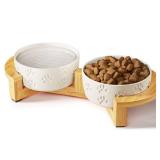 Ceramic Dog Bowls with Stand - Small Dog Bowl Set with Stand Non-Slip - 2 Ceramic Dishes with Anti-Skid Bamboo Stand for Small Dogs - Elevated Dog Bowls Set of 2 - Raised Pet Feeding Station