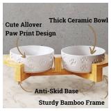 Ceramic Dog Bowls with Stand - Small Dog Bowl Set with Stand Non-Slip - 2 Ceramic Dishes with Anti-Skid Bamboo Stand for Small Dogs - Elevated Dog Bowls Set of 2 - Raised Pet Feeding Station