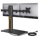 Perlegear Dual Monitor Stand with Power Strip, Freestanding Computer Monitor Stand for 2 Screens up to 32 Inch, Monitor Stand Riser with Glass Base and Adjustable Arms, Holds 22 lbs per Arm, PGTVS41B
