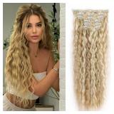 Clip in Hair Extensions, 6PCS Hair Extensions 22\" Synthetic Long Curly Wavy Blonde Highlights hair extensions Natural Thick Deep Wave Hairpieces