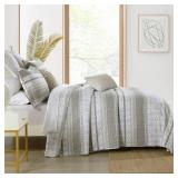 Homzard King Size Quilt Set, Grey White Snowflake Striped Comforter Set,Cotton Gray Bedspread King Size, Lightweight Comforter Fall Bedding 3 Piece All Season