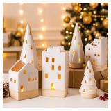 Beeveer 6 Pcs Christmas Ceramic Buildings Decoration, 4.4" to 9.4" White Christmas Tree & Houses Tealight Candle Holders Centerpiece Set for Winter Holiday Village Tabletop Mantel