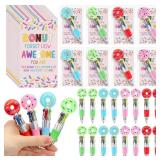 Sayglossy 24 Sets Donuts Pens Gift Bulk, 4-in-1 Funny Multicolor Ballpoint Pen with Positive Cards for Teacher Coworker Employe Appreciation Office Gift