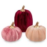 Artificial Velvet Pumpkins Fall Decor - 3 PCS Faux Fabric Foam Mini Orange Pumpkins DIY Decorative for Autumn Harvest Table Centerpieces Farmhouse Halloween Thanksgiving Wedding Home Decorations
