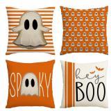 AVOIN colorlife Halloween Hey Boo Cute Ghost Spooky Throw Pillow Covers, 18 x 18 Inch Orange Horror Scary Cushion Case for Sofa Couch Set of 4