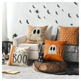 AVOIN colorlife Halloween Hey Boo Cute Ghost Spooky Throw Pillow Covers, 18 x 18 Inch Orange Horror Scary Cushion Case for Sofa Couch Set of 4